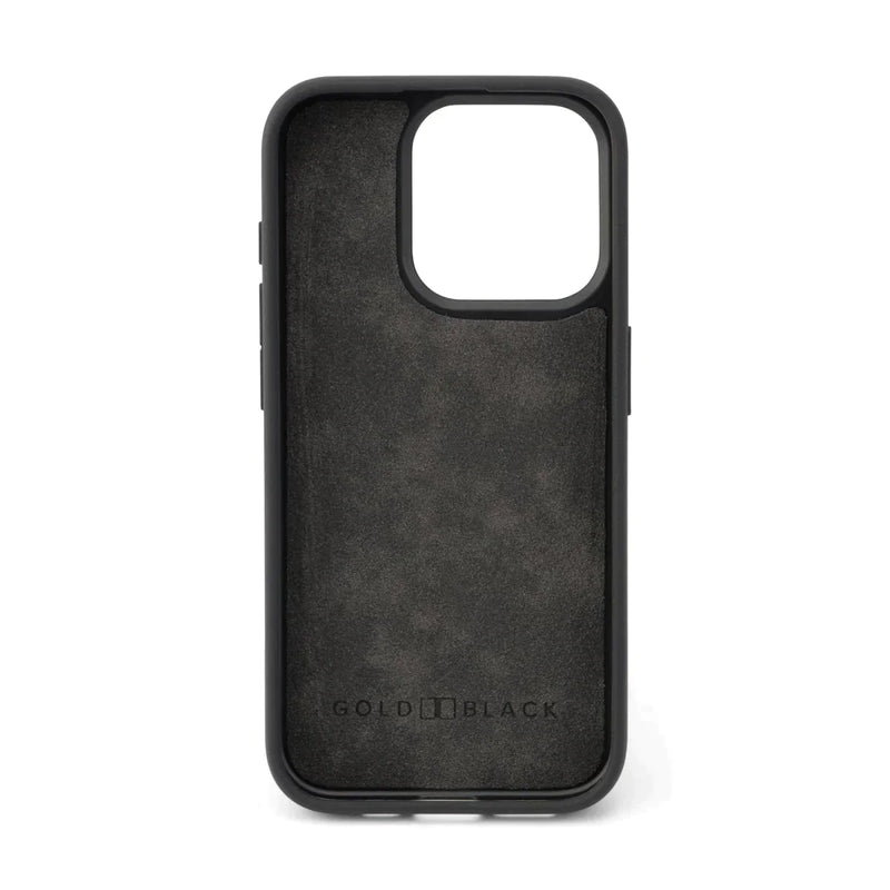iPhone 15 Pro max calf leather case black with croco-embossing and fingerstrap