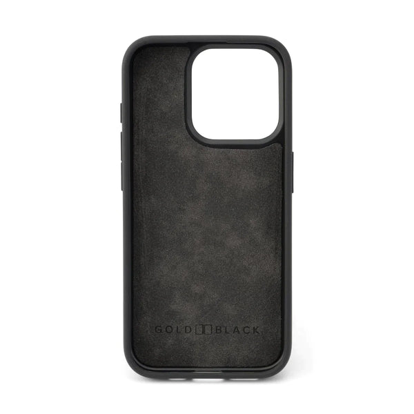 iPhone 15 Pro calf leather case black with croco-embossing and fingerstrap