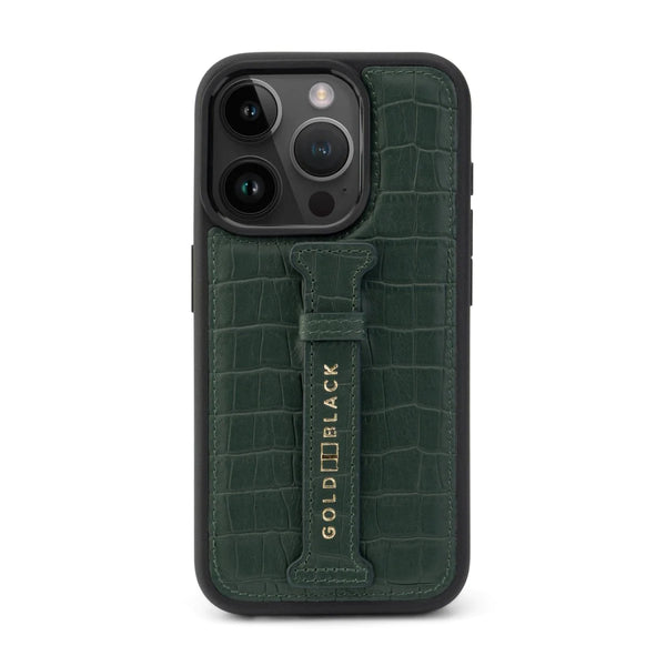 iPhone 15 Pro calf leather case green with croco-embossing and fingerstrap