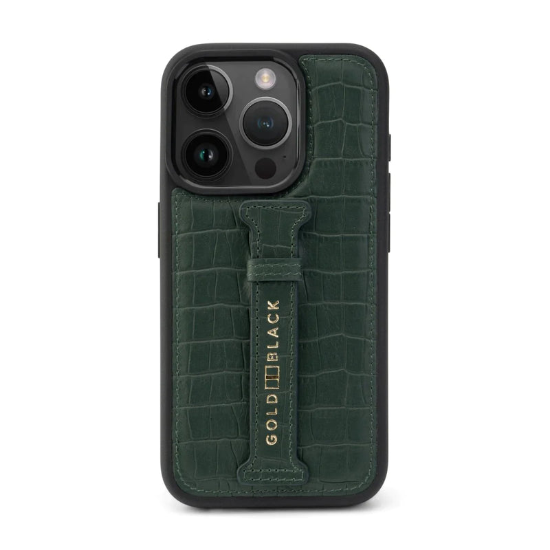 iPhone 15 Pro max calf leather case green with croco-embossing and fingerstrap