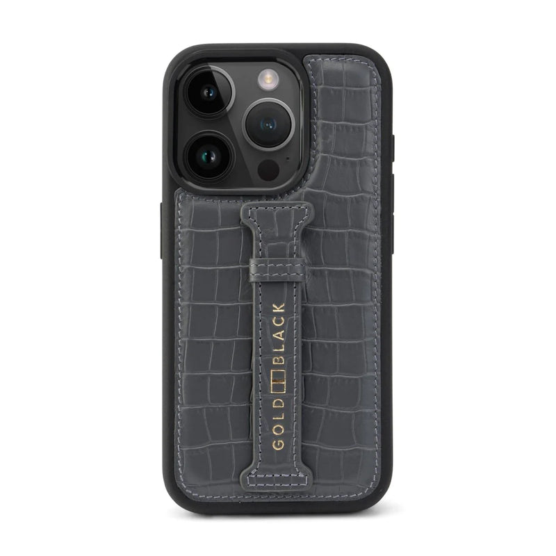 iPhone 15 Pro calf leather case grey with croco-embossing and fingerstrap
