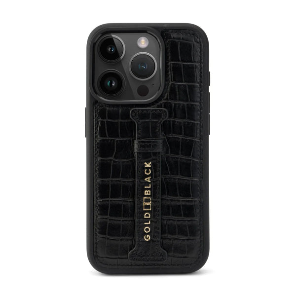 iPhone 15 Pro calf leather case black with croco-embossing and fingerstrap