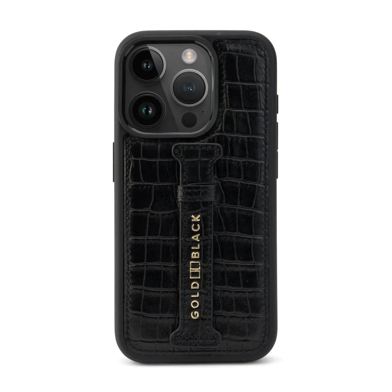 iPhone 15 Pro max calf leather case black with croco-embossing and fingerstrap