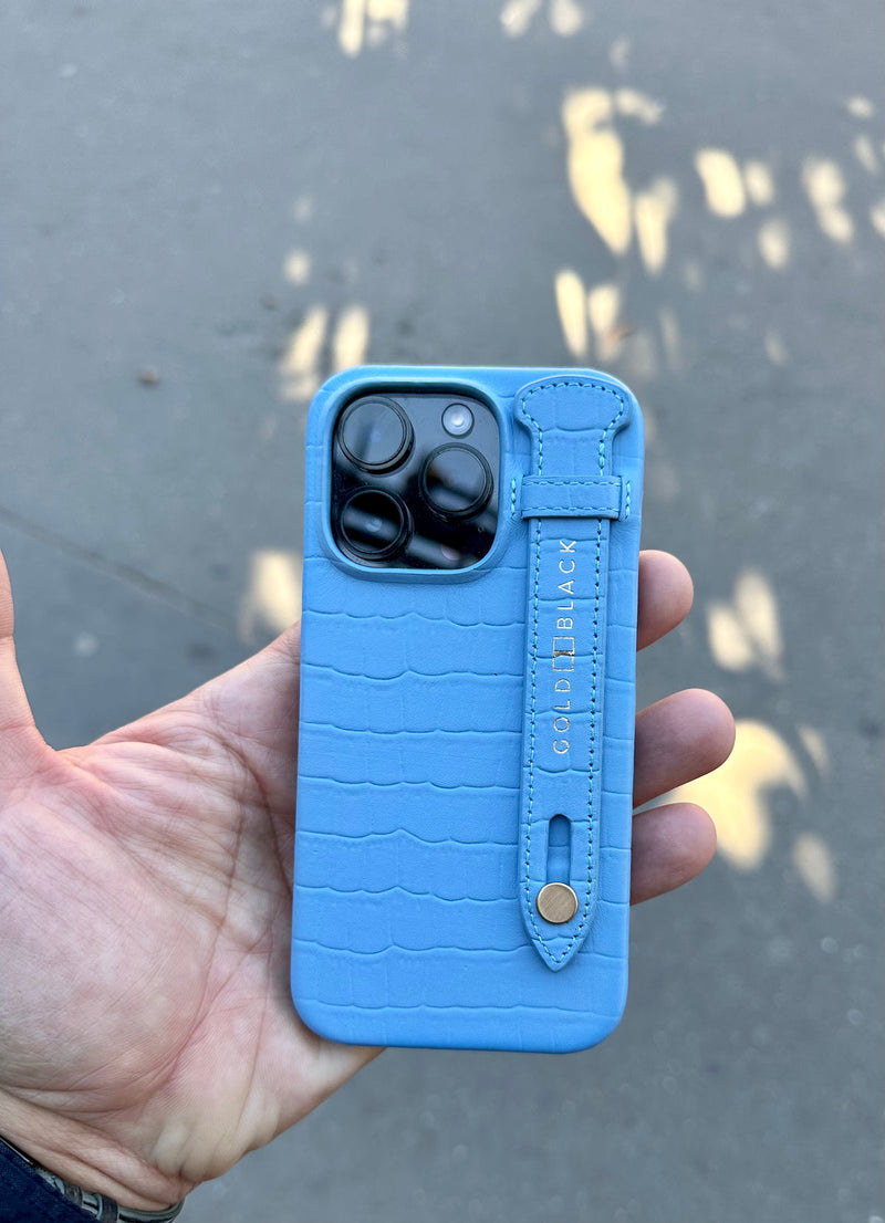 iPhone 14 Pro Slim Case Croco Light Blue With strap