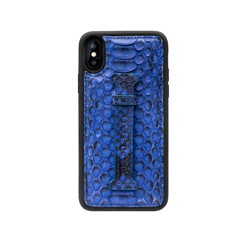 IPHONE XS LEATHER CASE WITH FINGERHOLDER PYTHON BLUE