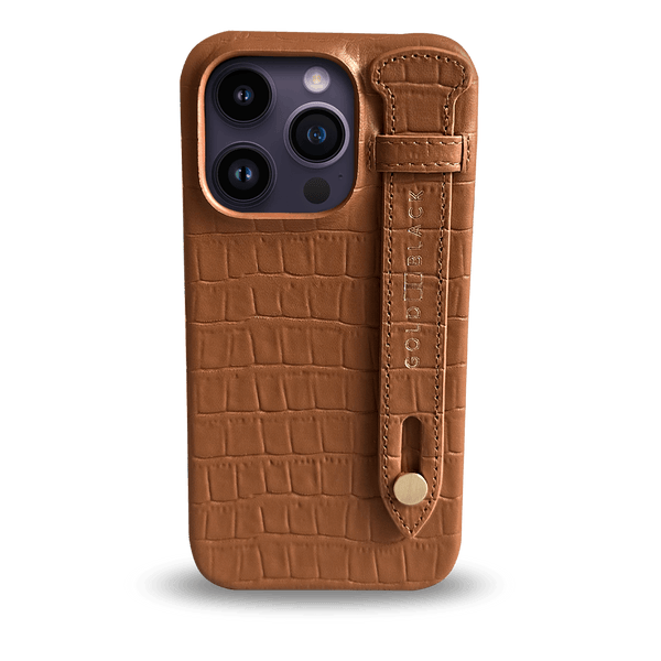 iPhone 14 Pro Slim Case Croco Brown Beige With Strap