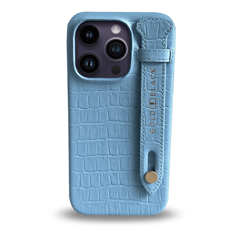 iPhone 14 Pro Max Slim Case Croco Light Blue With strap