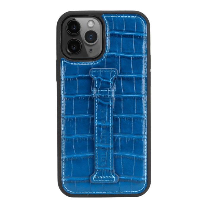 Copy of IPHONE 13 / 13 PRO LEATHER CASE WITH FINGERHOLDER CROCO BLUE