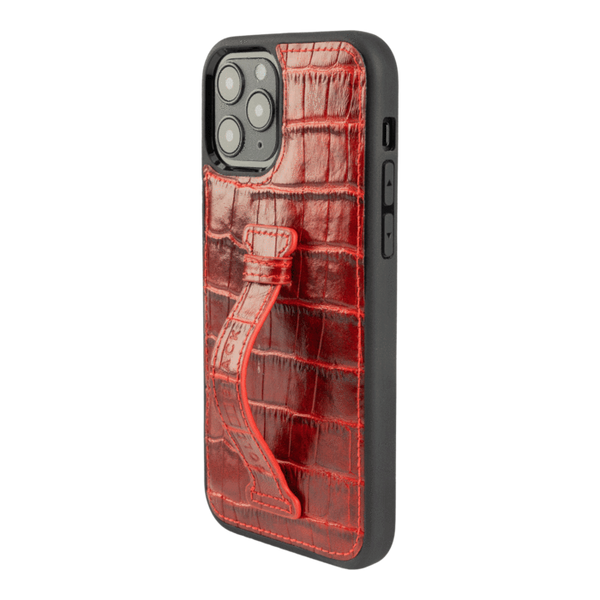 IPHONE 12 / 12 PRO LEATHER CASE WITH FINGERHOLDER CROCO RED
