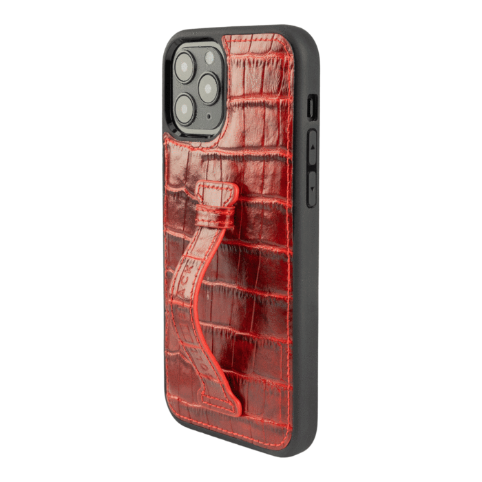 IPHONE 12 / 12 PRO LEATHER CASE WITH FINGERHOLDER CROCO RED
