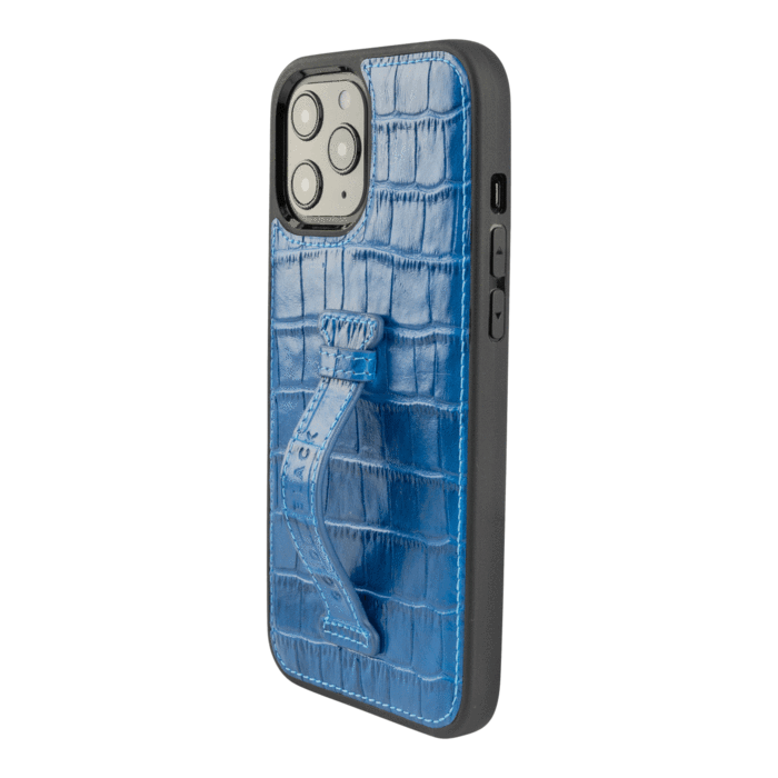 IPHONE 13 PRO MAX LEATHER CASE WITH FINGERHOLDER CROCO BLUE