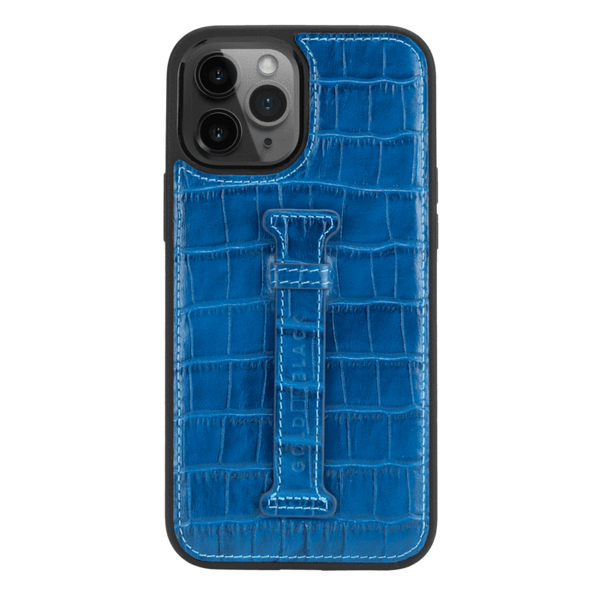 IPHONE 13 PRO MAX LEATHER CASE WITH FINGERHOLDER CROCO BLUE
