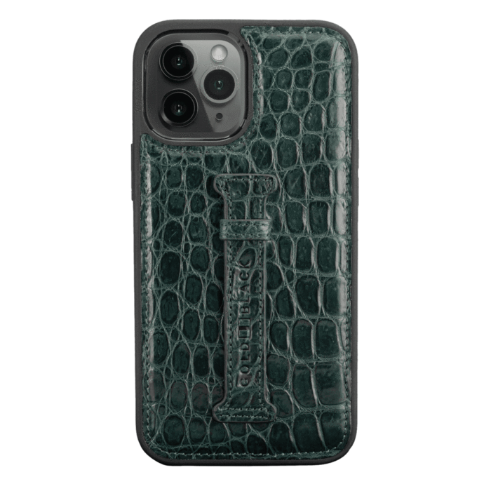 IPHONE 12 PRO MAX LEATHER CASE WITH FINGERHOLDER CROCODILE GREEN